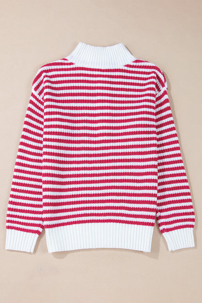 Pink Stripe Zip up Collar Drop Shoulder Sweater