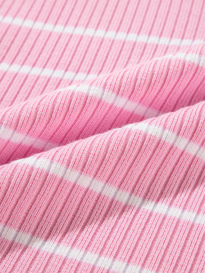 Pink Striped Ribbed Oversized T-Shirt for Plus Size Women
