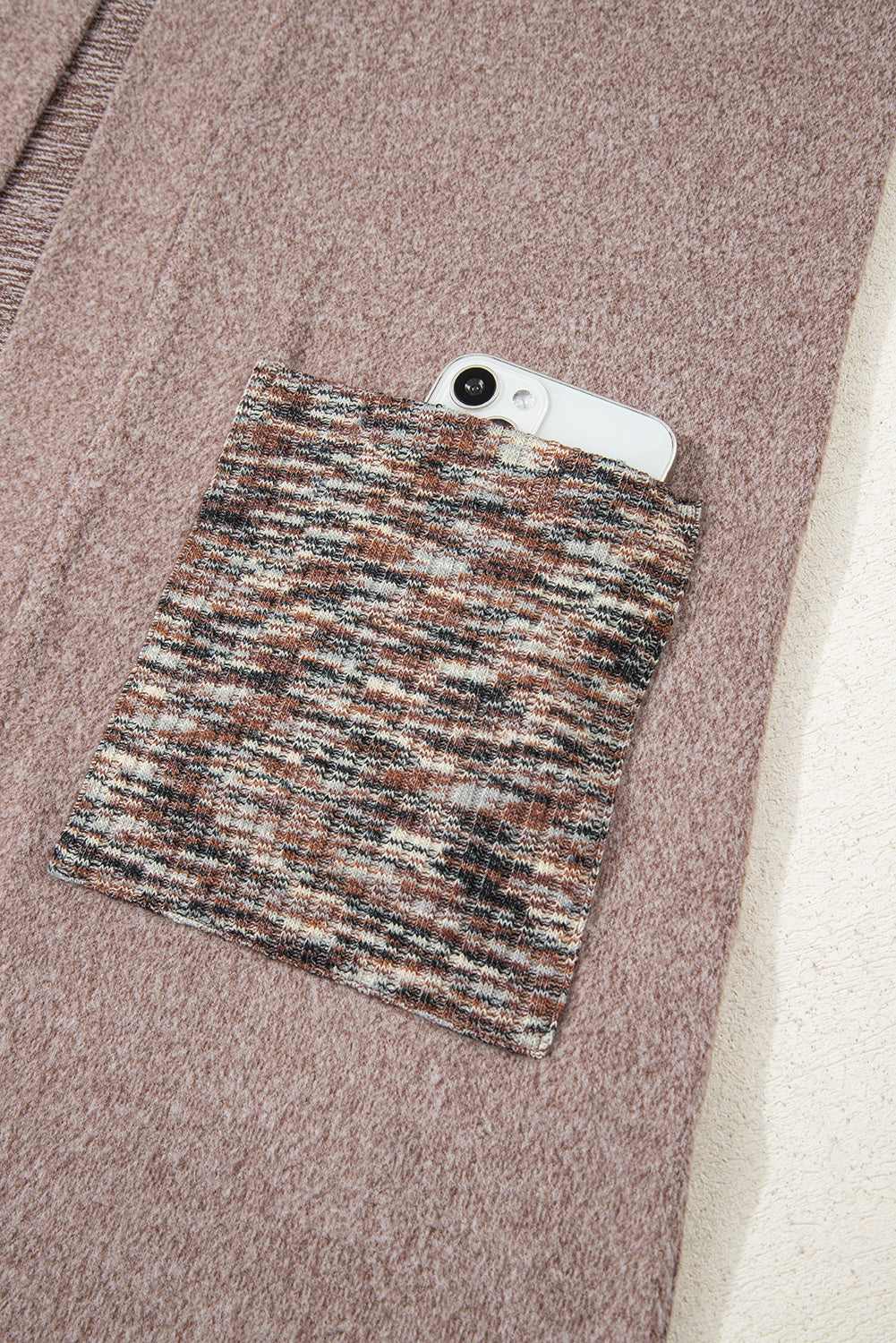 Dark Khaki Open Front Knit Contrast Patched Pocket Duster Cardigan