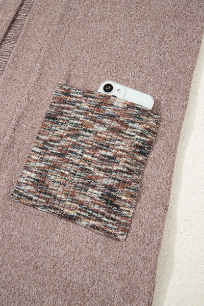 Dark Khaki Open Front Knit Contrast Patched Pocket Duster Cardigan