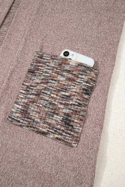 Dark Khaki Open Front Knit Contrast Patched Pocket Duster Cardigan