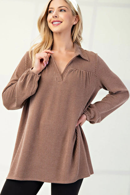 Dark Khaki Twisted Ribbed Polo Collar V Neck Long Sleeve Top