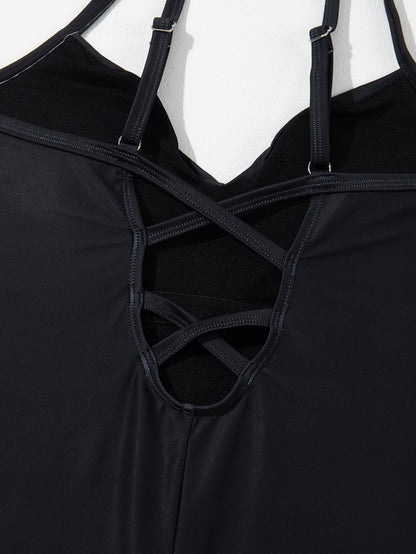 Elegant Black Floral Crisscross Back One-Piece Swimsuit