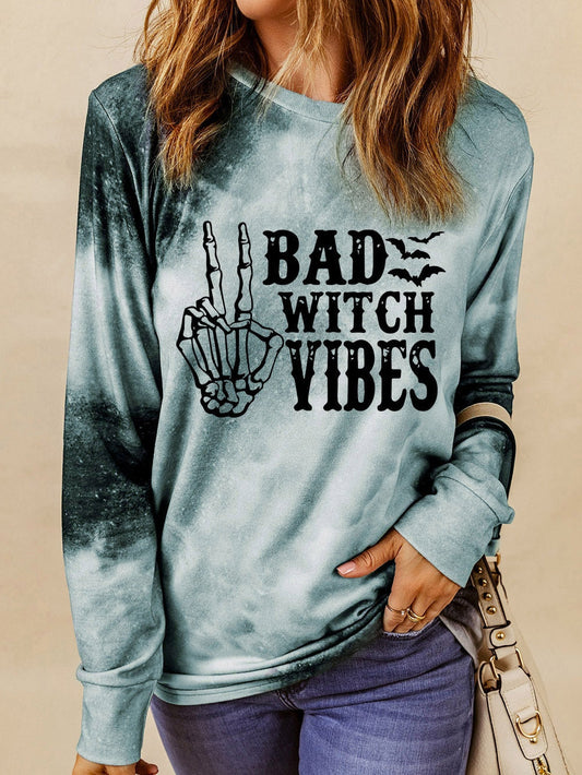 BAD WITCH VIBES Tie Dye Gray Graphic Long Sleeve Top