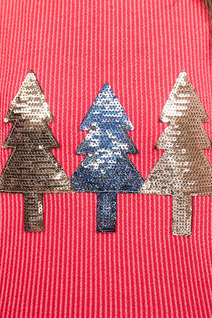 Coral Sequin Christmas Tree Patched Twisted Ribbed Drop Shoulder Long Sleeve Top