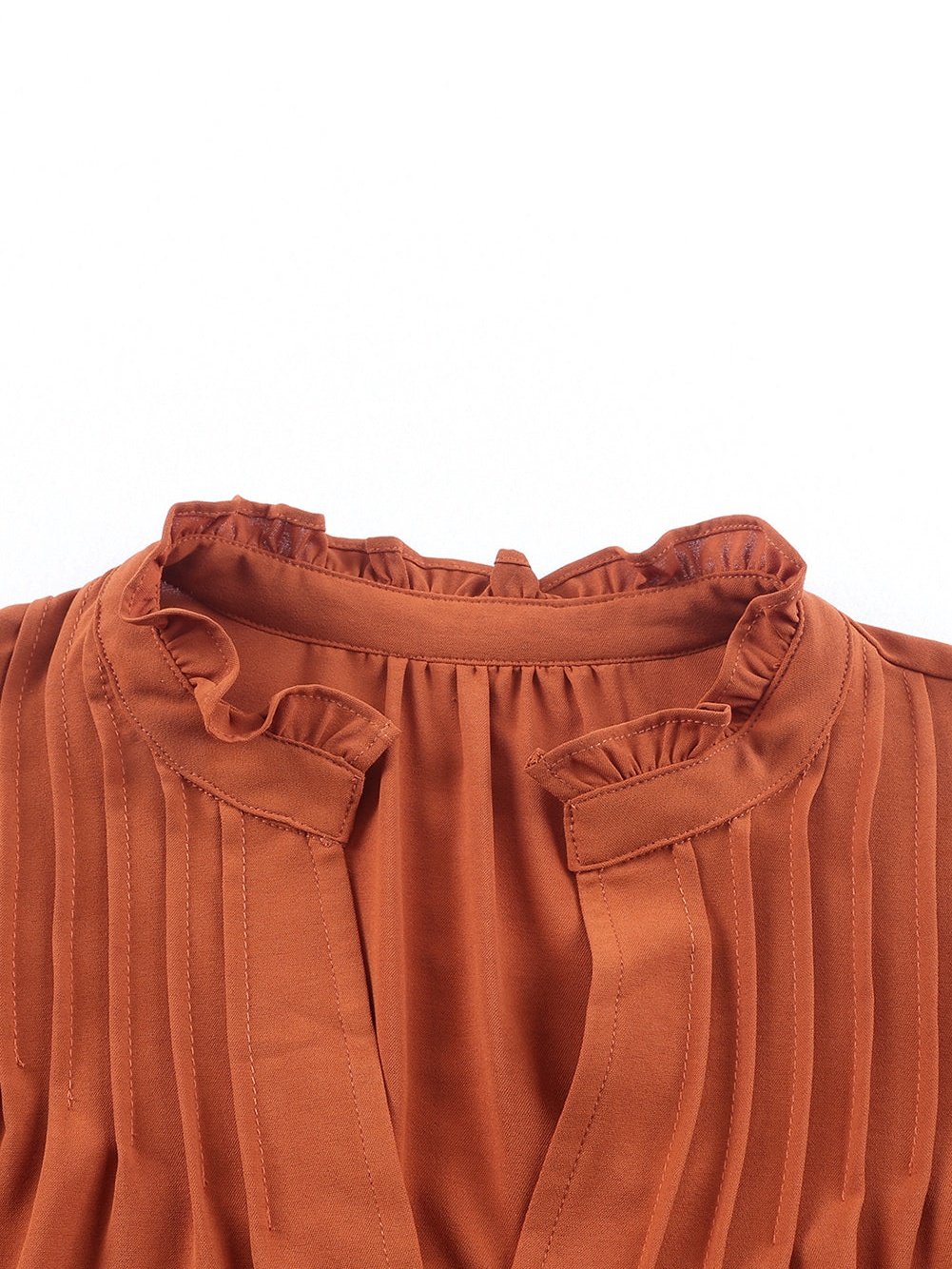 Elegant Brown V-Neck Ruffle Pleated Blouse