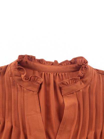 Elegant Brown V-Neck Ruffle Pleated Blouse
