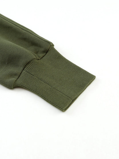 Green Ribbed Stand Collar Thumbhole Sleeve Casual Sweatshirt with Zipper