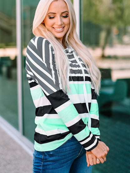 Green Striped Pullover Hooded Sweatshirt