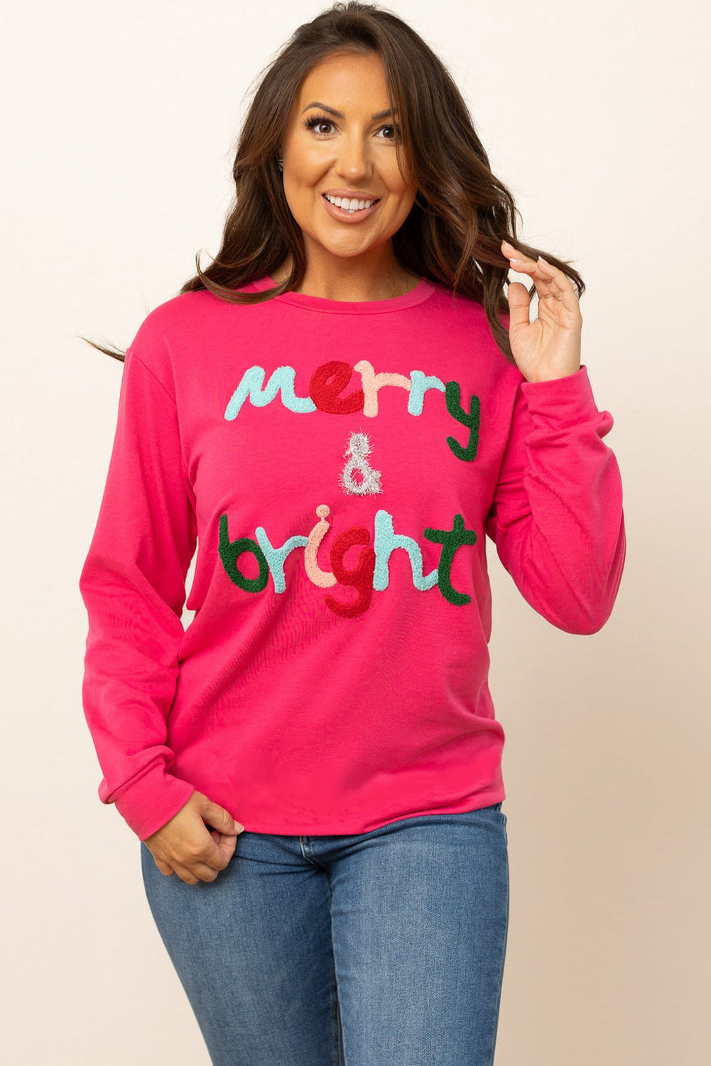 Rose Red Merry & Bright Christmas Letter Graphic Sweatshirt