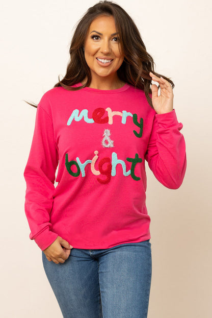Rose Red Merry & Bright Christmas Letter Graphic Sweatshirt