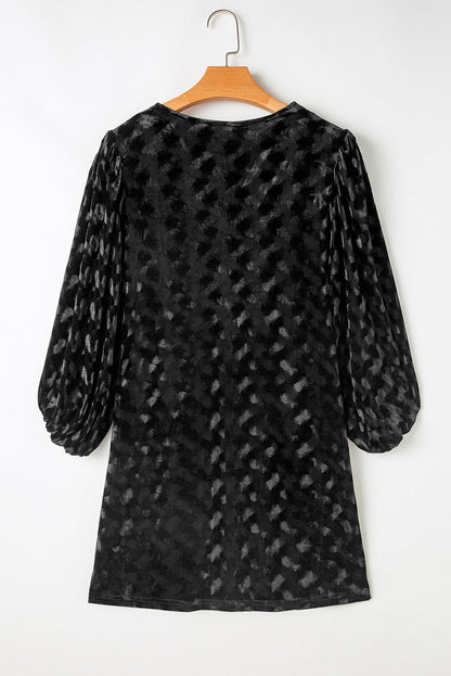 Black Textured V Neck Balloon Sleeve Velvet Mini Dress