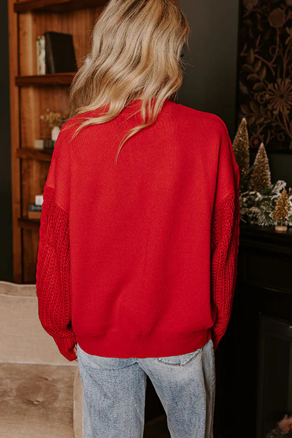 Fiery Red Cable Knit Textured Patchwork Sleeve Slouchy Sweater