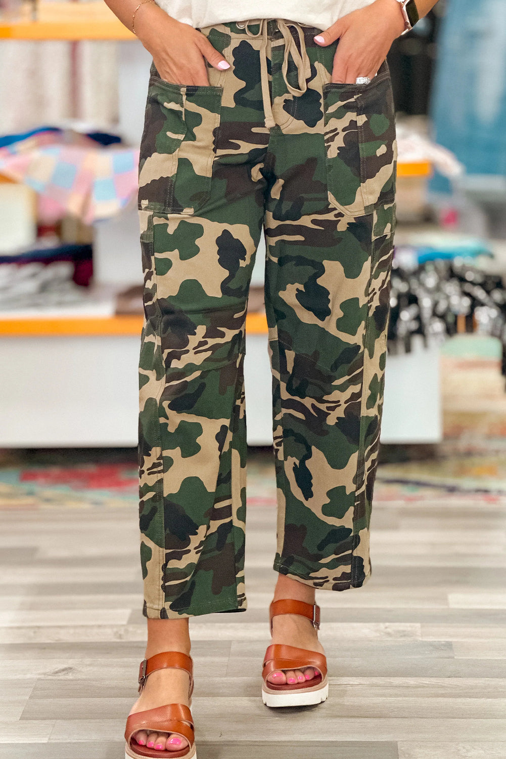 Green Camouflage Print Large Patch Pocket Barrel Jeans