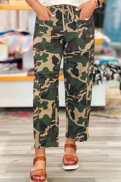 Green Camouflage Print Large Patch Pocket Barrel Jeans