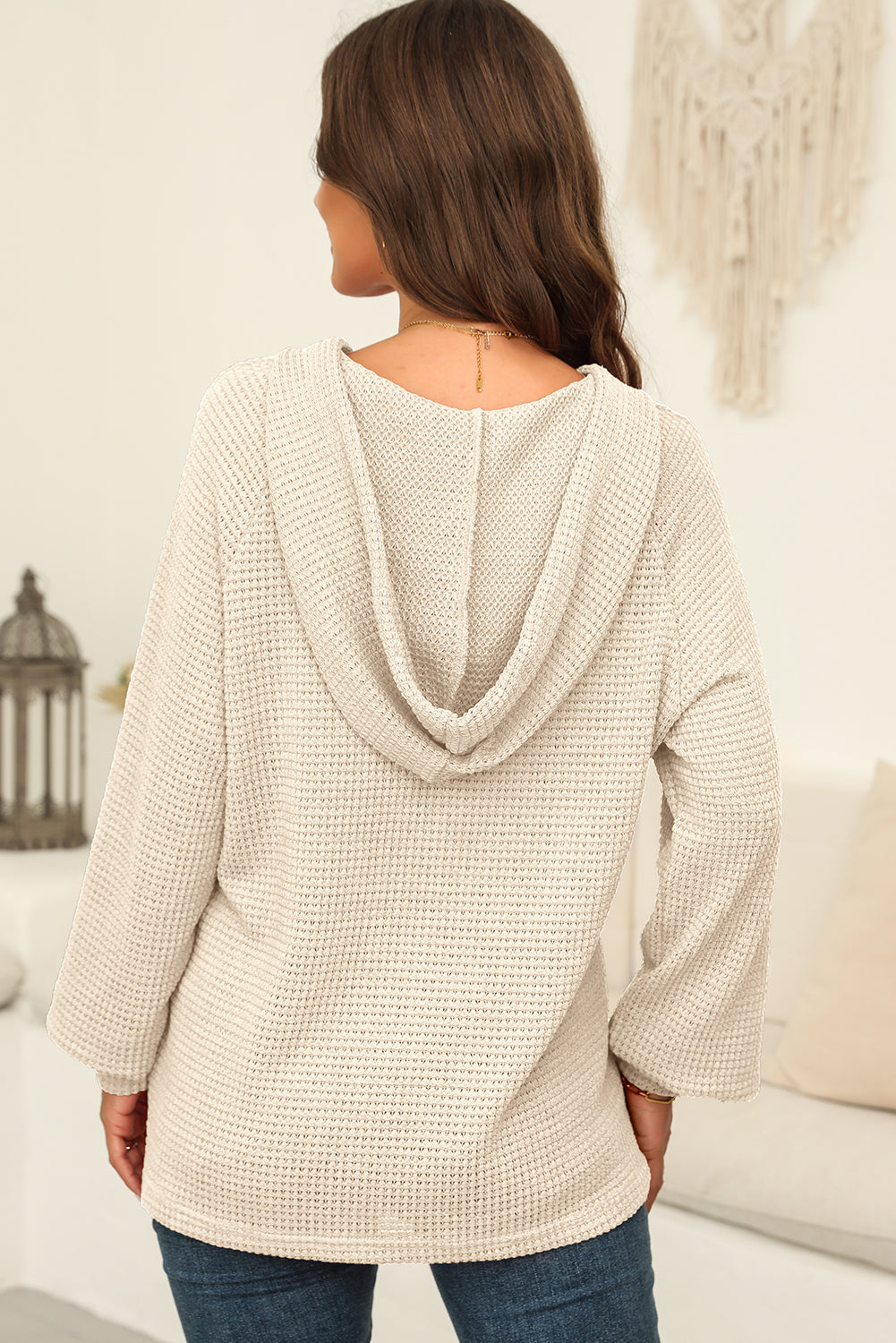 Apricot Thermal Waffle Knit Button V Neck Loose Drawstring Hoodie