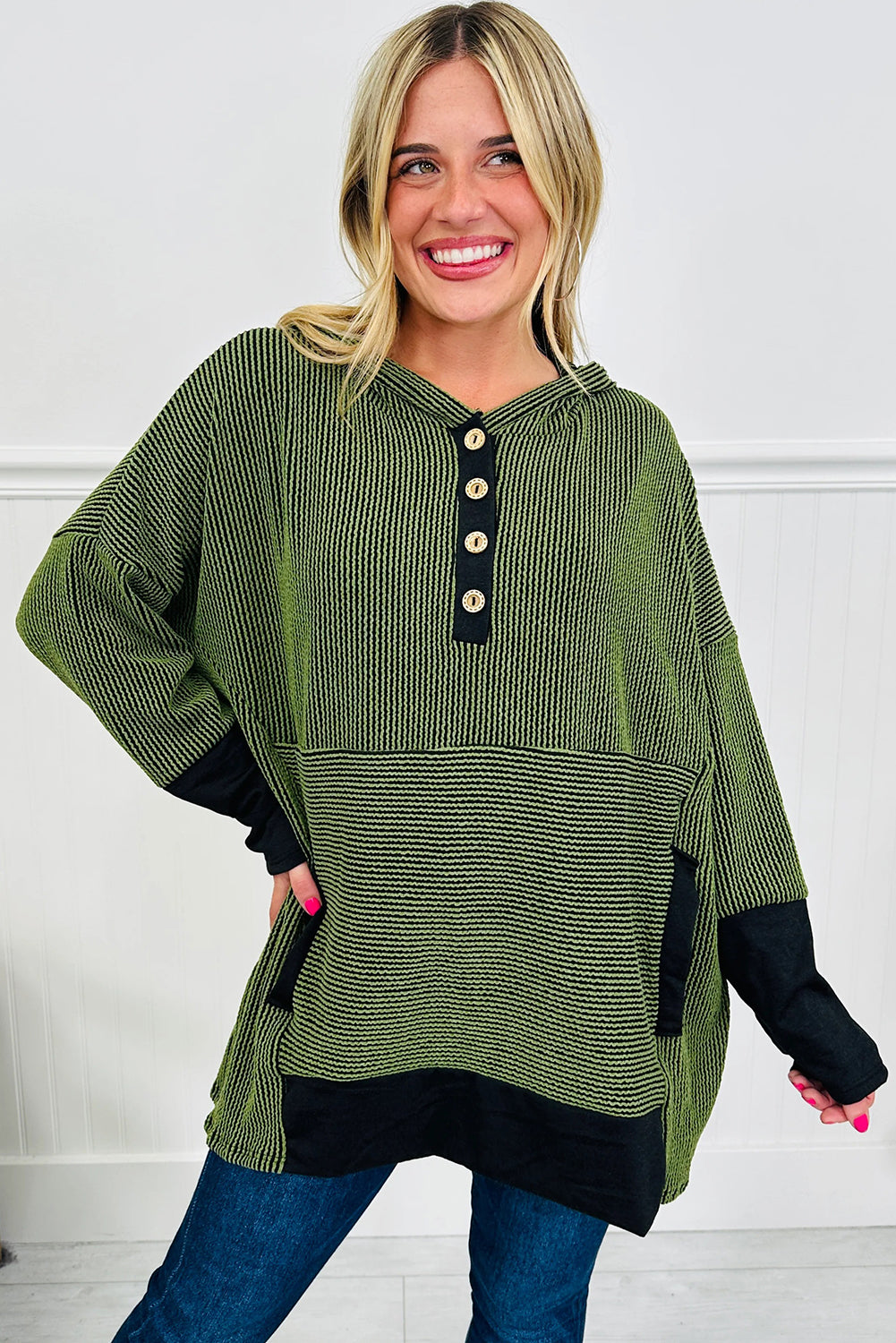 Vineyard Green Twisted Ribbed Color Block Patchwork Hooded Oversize Long Sleeve Top