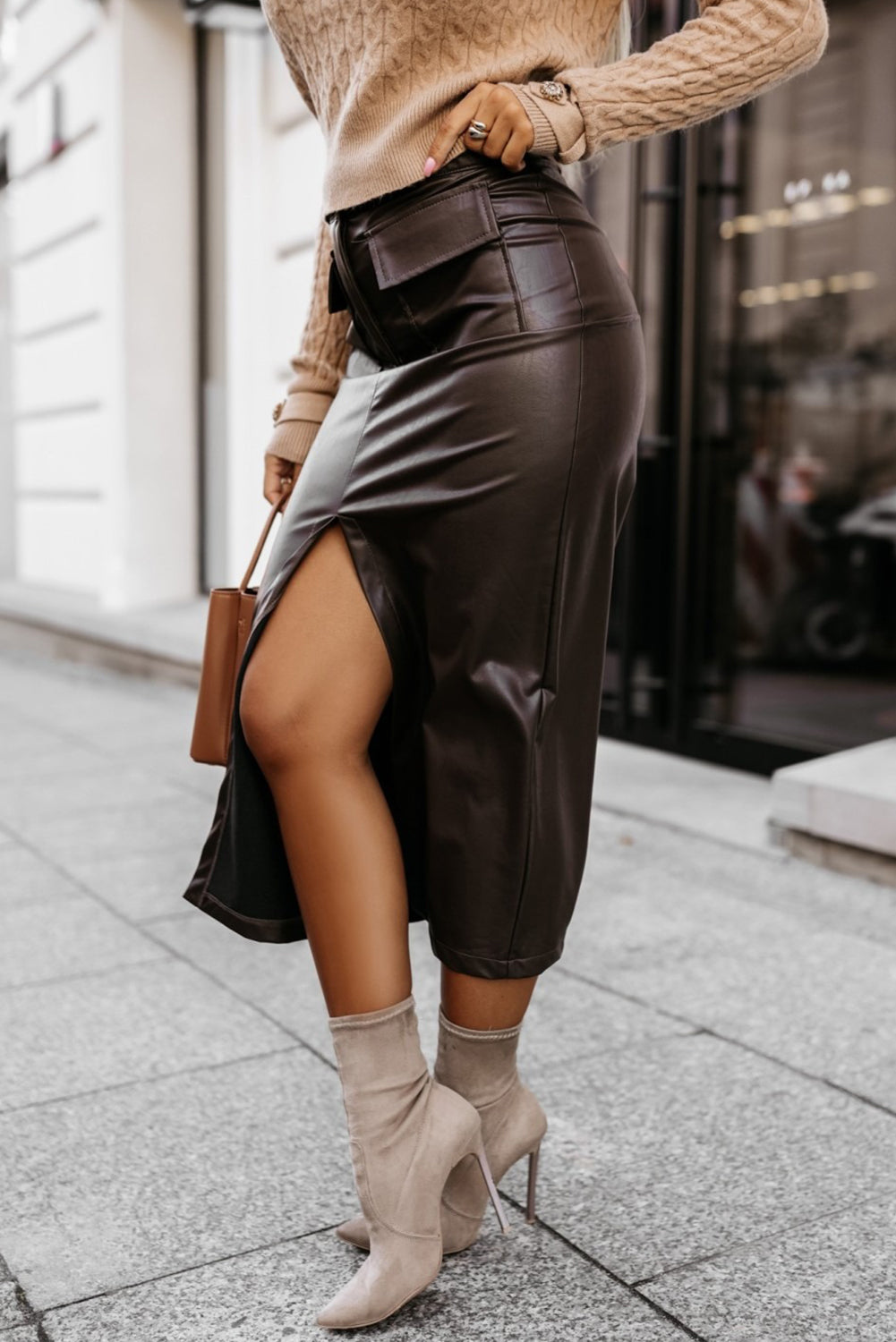 Chicory Coffee Faux Leather Flap Pocket Front Split Pencil High Waist Midi Skirt