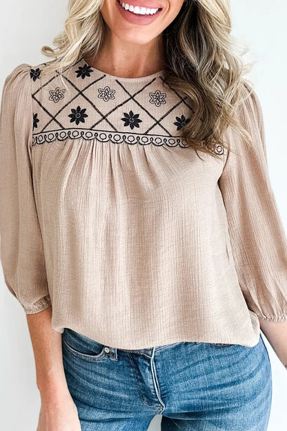 Parchment Embroidered Detail 3/4 Puff Sleeve Round Neck Blouse