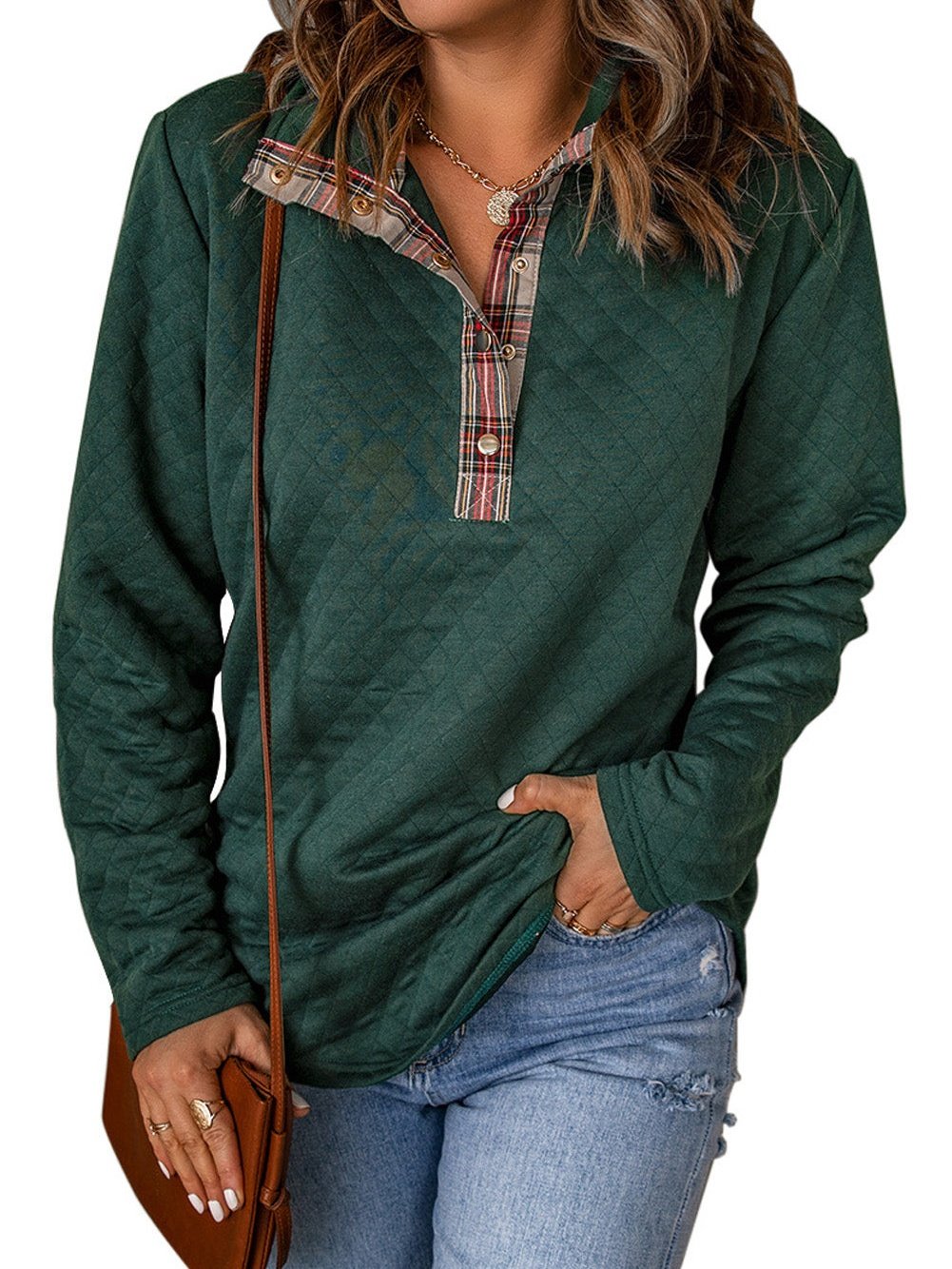 Green Plaid Trim Sweatshirt with Geometric Texture