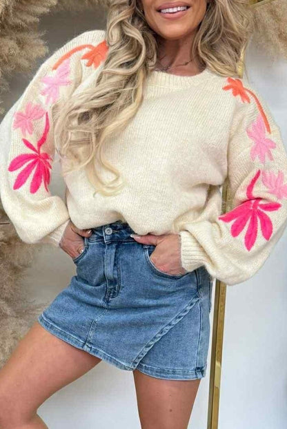 Beige Embroidered Floral Sleeve Round Neck Loose Sweater