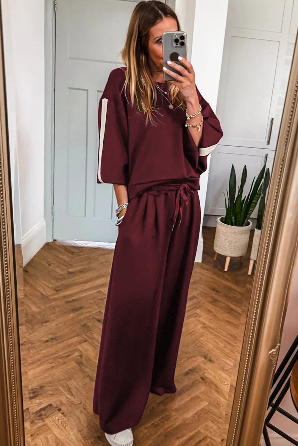 Burgundy Varsity Striped 3/4 Sleeve Pullover Drawstring Sweatpants Set