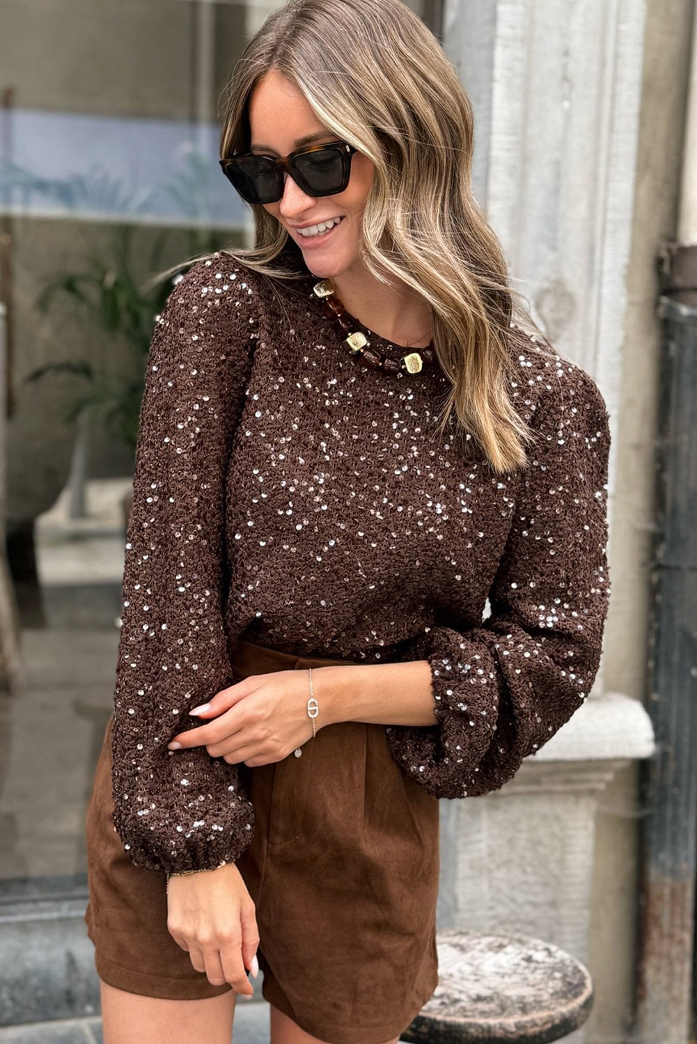 Chicory Coffee Sequin Textured Puff Sleeve Top