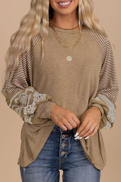 Brown Contrast Print Striped Raglan Long Sleeve Loose Top