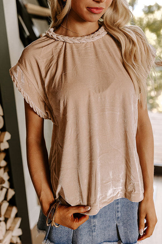 Parchment Braided Trim Round Neck Short Sleeve Velvet Blouse