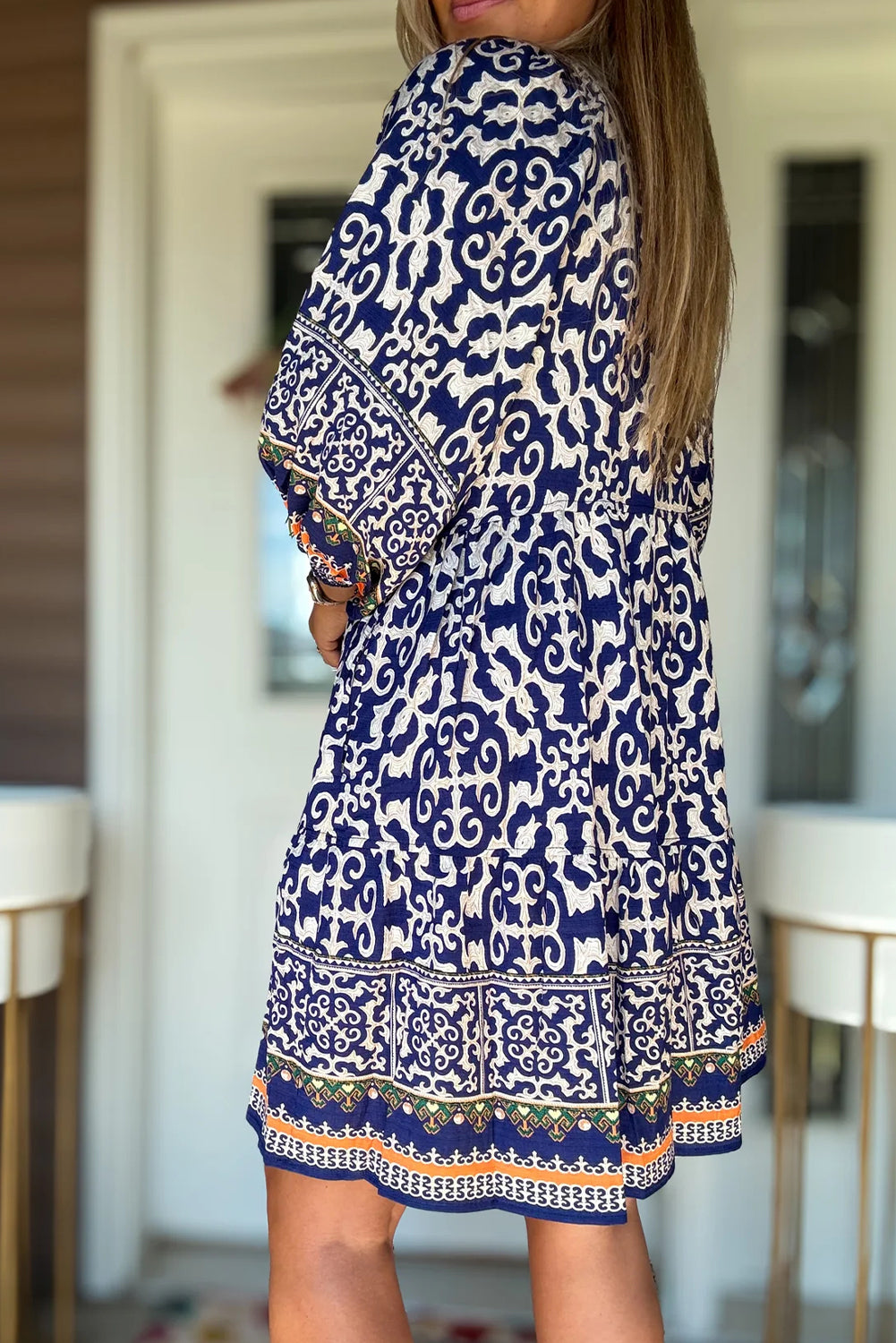 Blue Boho Geometry Print Contrast Trim Shift Mini Dress
