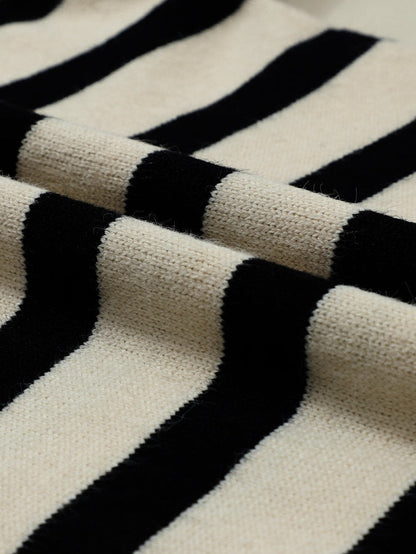 Apricot Striped Knit Collared V Neck Sweater with Drop Shoulder