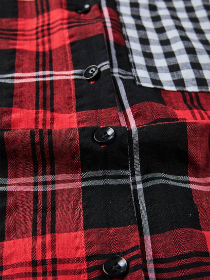 Fiery Red Buffalo Plaid Long Sleeve Shirt with Colorful Pockets