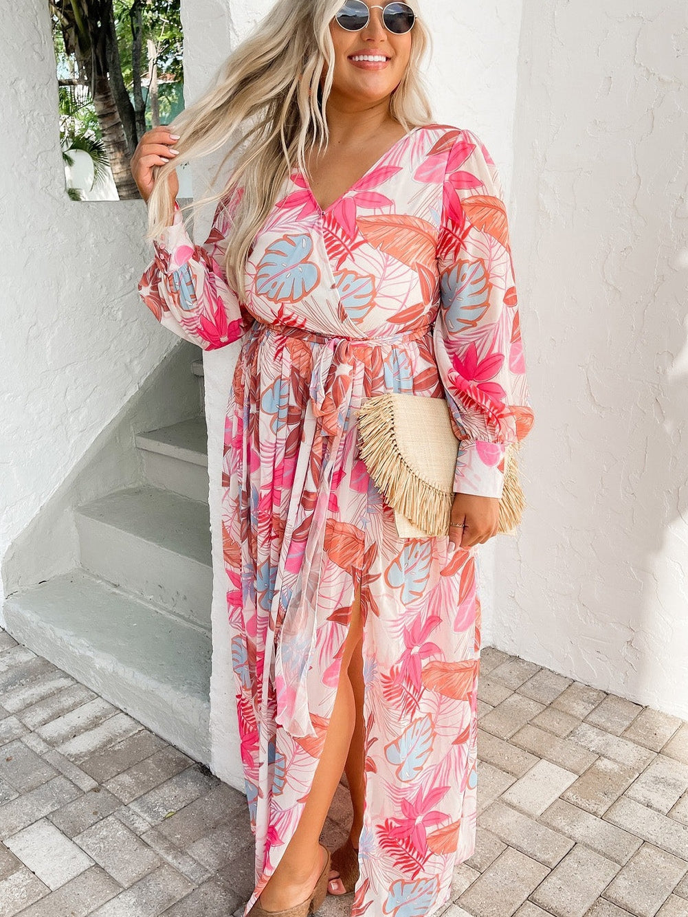 Tropical Print V-Neck Maxi Dress with High Waist Tie - Plus Size