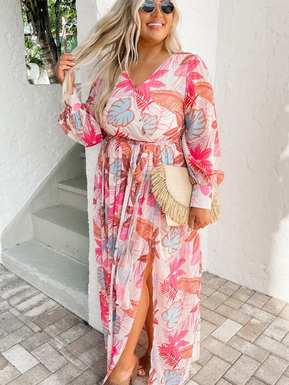 Tropical Print V-Neck Maxi Dress with High Waist Tie - Plus Size