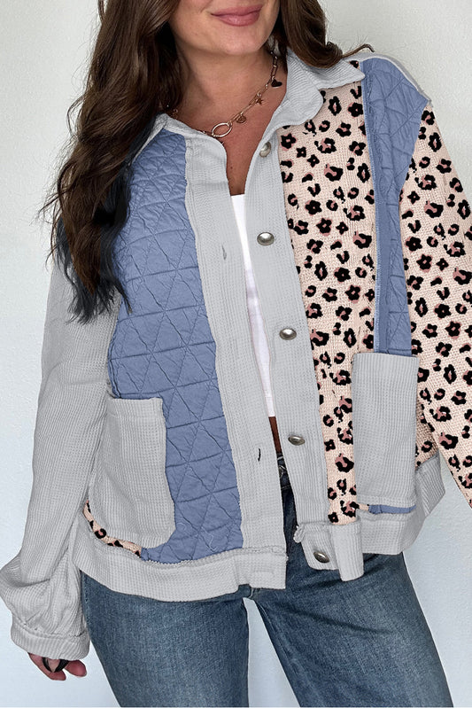 Sky Blue Leopard Waffle Quilted Patchwork Button Front Jacket