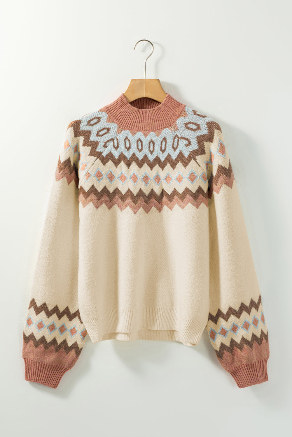 Khaki Ribbed Trim Geometric Pattern High Neck Sweater