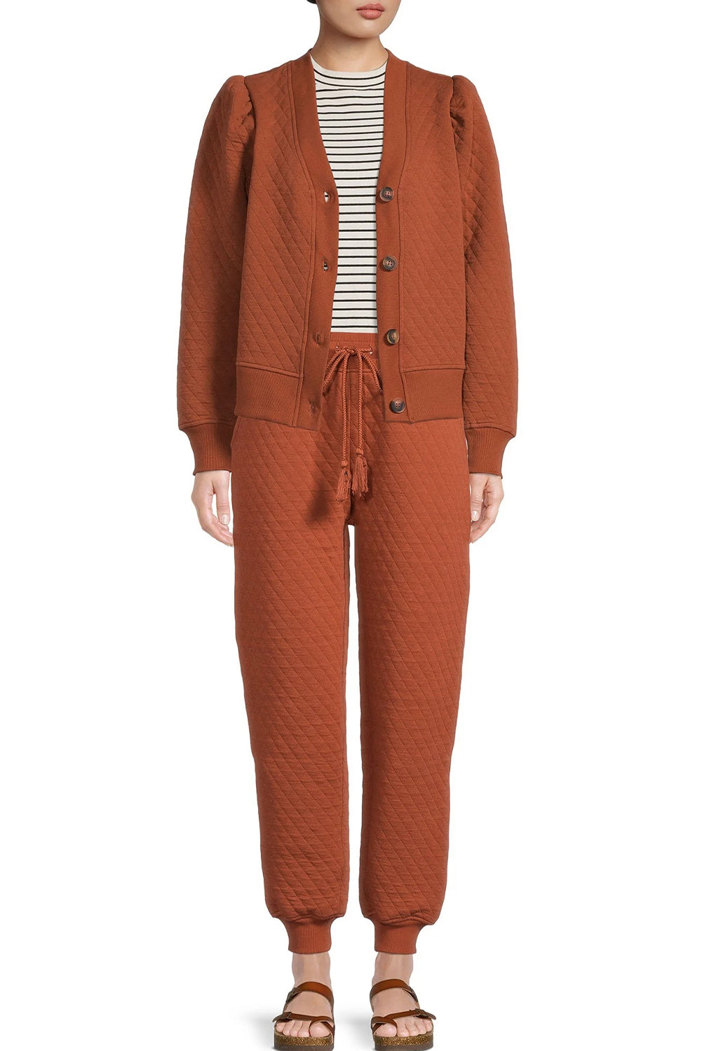 Gold Flame Solid Color Quilted Texture V Neck Button Down Top Drawstring Jogger Pants Set