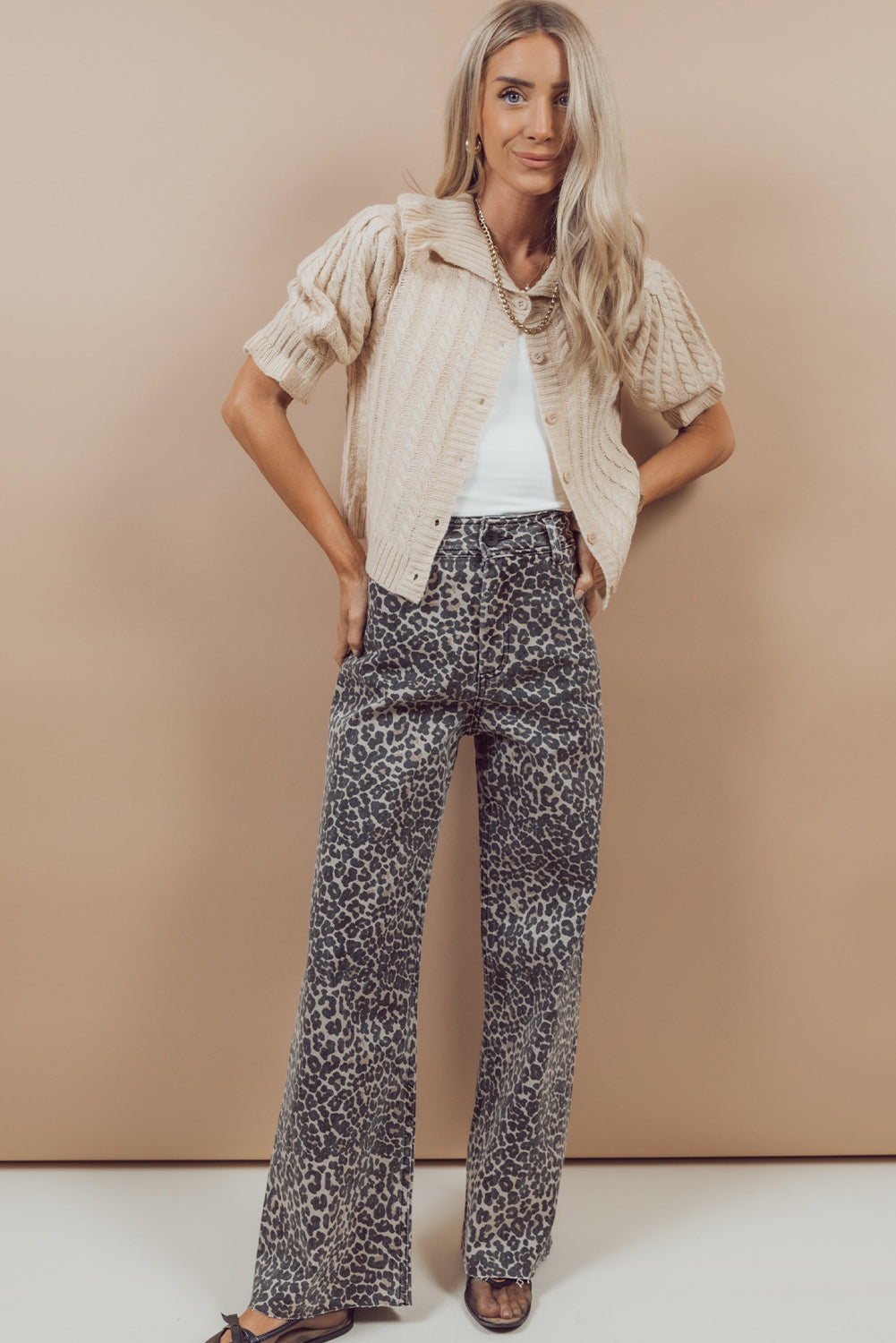 Black Leopard Print Wide Leg High Waist Jeans