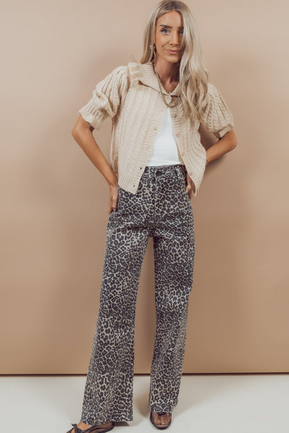 Black Leopard Print Wide Leg High Waist Jeans