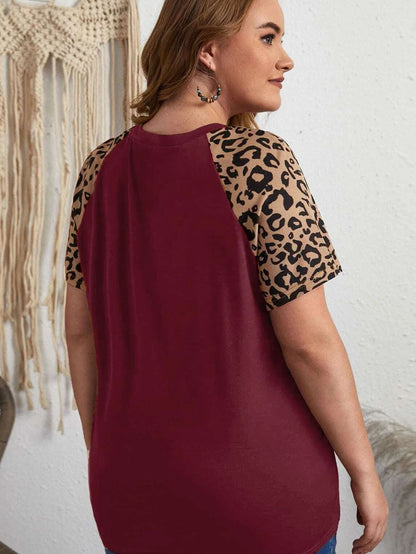 Leopard Print Raglan Sleeve Burgundy Plus Size Tee