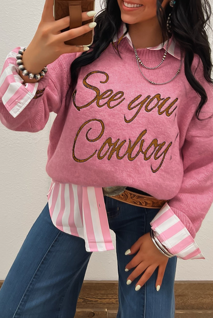 Peach Blossom See You Cowboy Embroidered Western Graphic Sweater