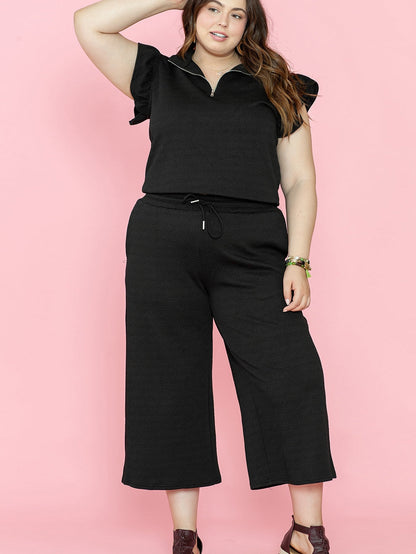 Chic Black Ruffle Sleeve Quarter Zip Top with Wide Leg Pants Set