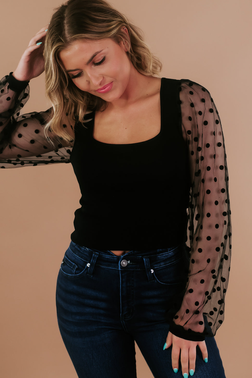 polka dot mesh sleeve top