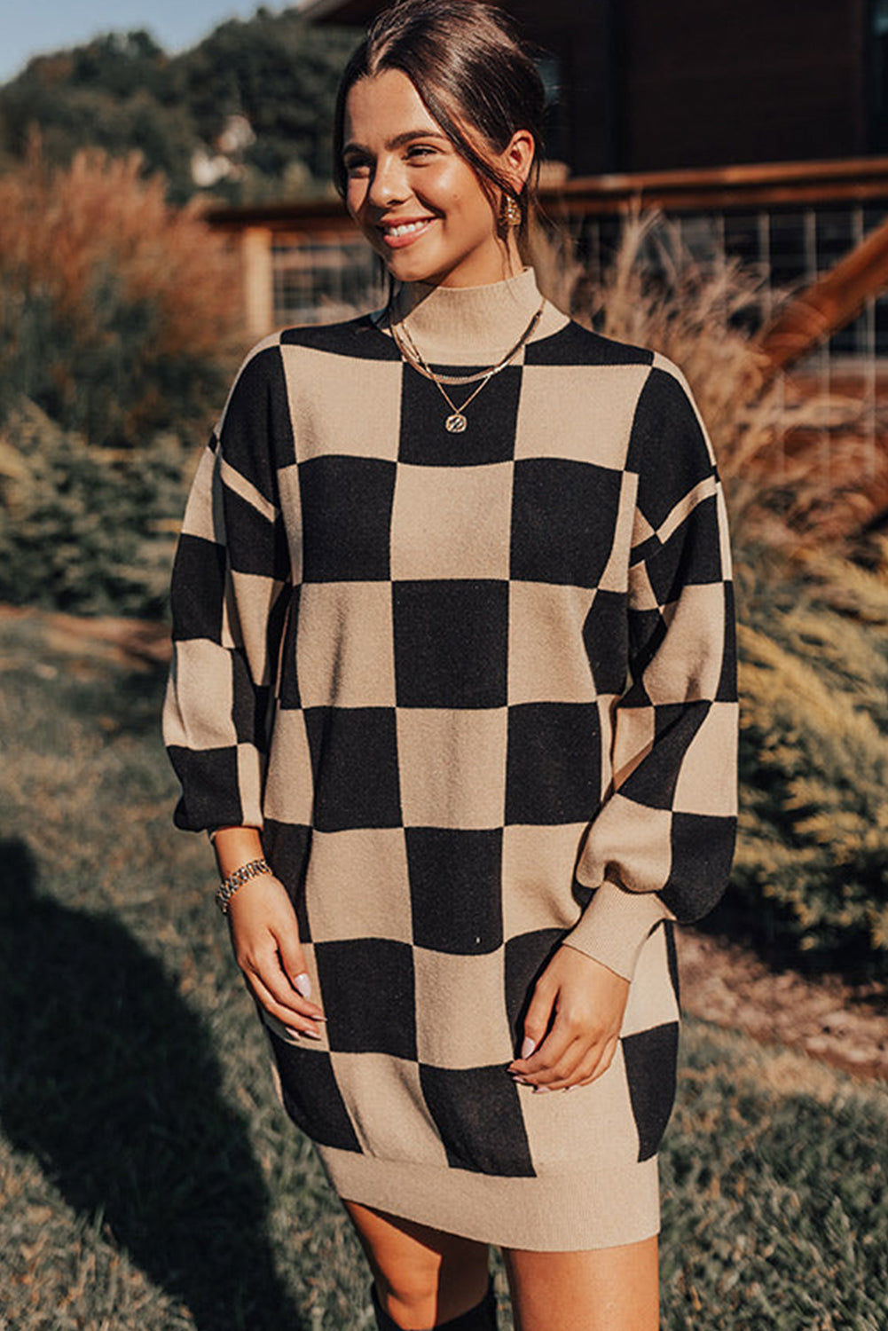 Black Checkered Pattern Knit Drop Shoulder High Neck Sweater Dress