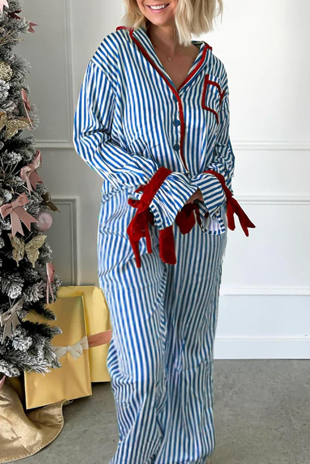 Blue Stripe Contrast Velvet Trim Bow Knot Waist 2pcs Pajama Set