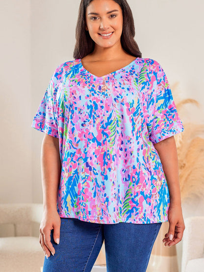 Sky Blue Floral Print Ruffle Sleeve Plus Size V Neck Top