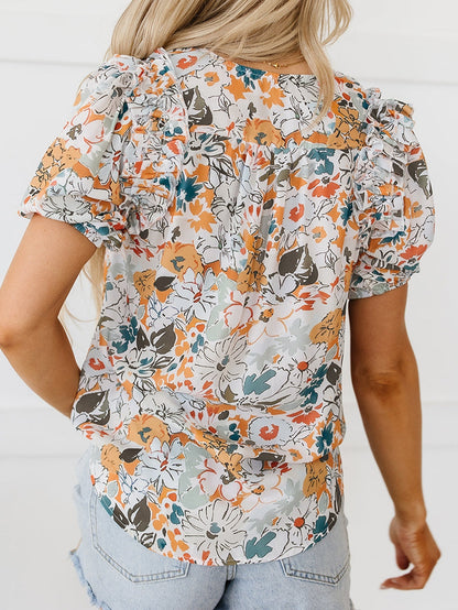 Floral Print Split V Neck Puff Sleeve Blouse