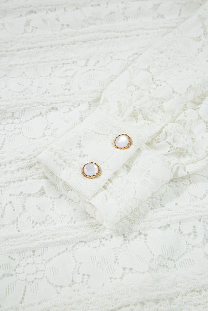 White Lace Crochet Round Neck Puff Sleeve Shift Mini Dress