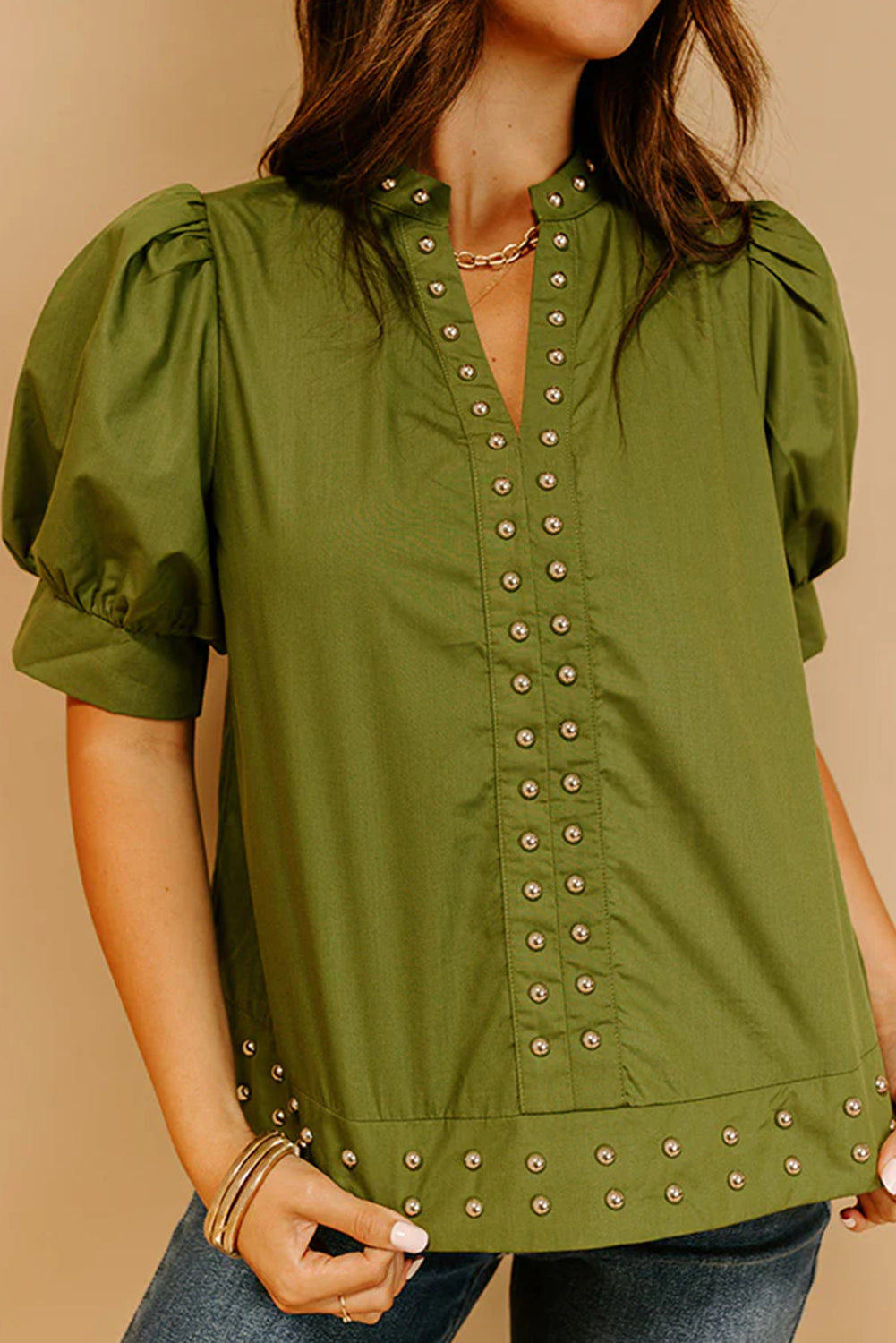 Fern Green Rivet Embellished V Neck Short Puff Sleeve Blouse