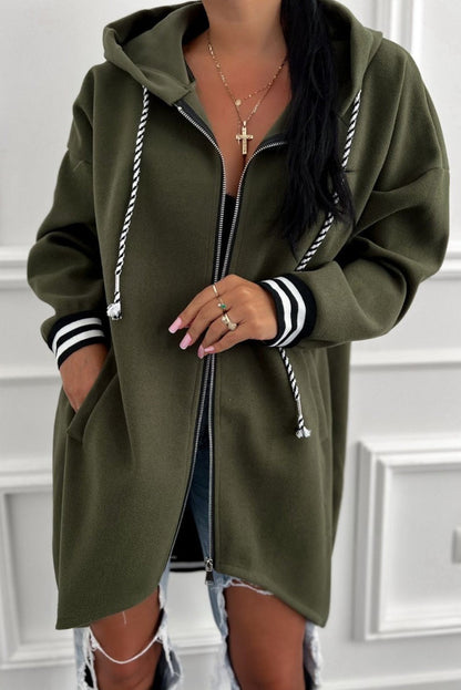 Four Leaf Clover Contrast Cuffed Drawstring Hooded Zip Up Sweatshirt